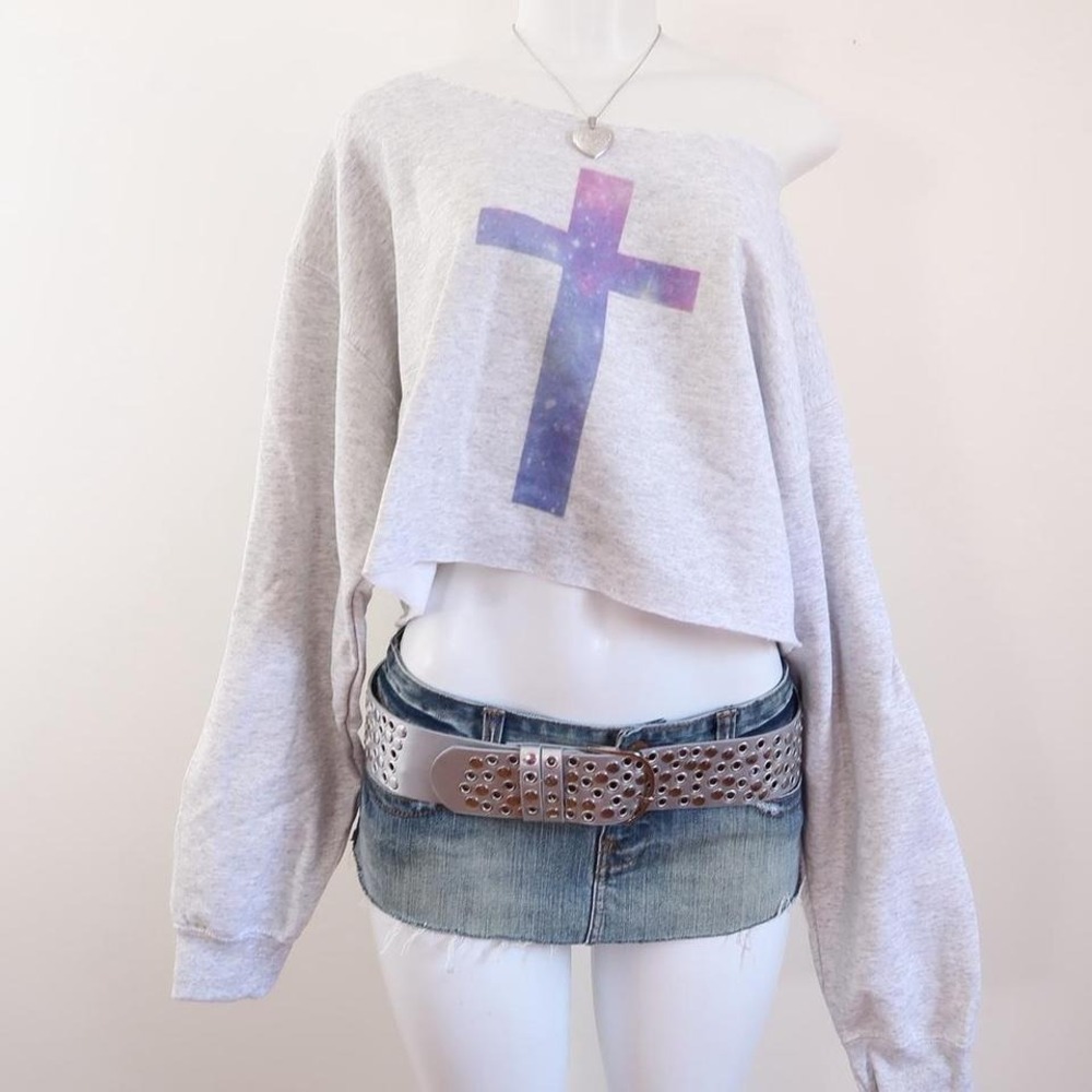 2010s galaxy cross cropped sweatshirt one shoulder grunge L